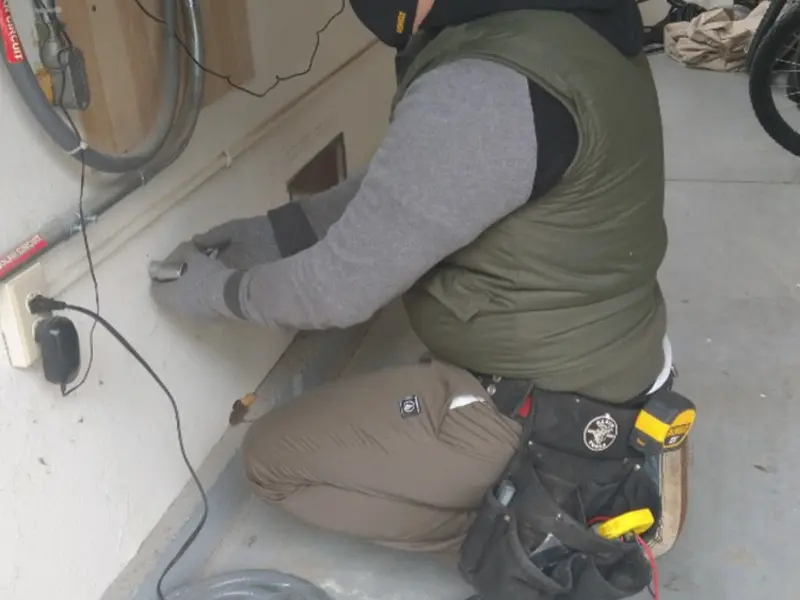 Electrician performing outlet wiring in a Kalkaska garage